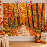 Autumn Forest Backdrop, 7x5FT Maple Leaf Mountain Road, Fall Harvest Party Decor (Vinyl)