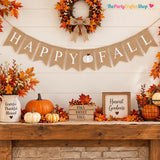 Happy Fall Burlap Banner, White Pumpkin Garland, Rustic Harvest Decor