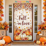 Fall in Love Door Banner, Rustic Pumpkin Floral Wedding Backdrop (90x180cm)