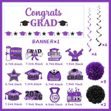 Purple Black Graduation Decorations 2026, Class of 2026 Party Set (Banner, Pom Poms, Swirls)