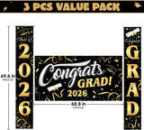 Class of 2026 Graduation Banner Set, Gold Black Congrats Grad Decorations (3pc)