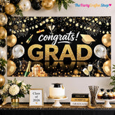 Class of 2026 Graduation Backdrop, Black Gold Congrats Banner (72x43 Inch)