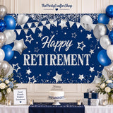 Blue Silver Retirement Party Backdrop, Large Photo Booth Sign (71" x 43.3")