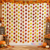 2 Pack Fall Maple Leaf Foil Curtains, Red Gold Orange Tinsel Backdrop (3.3x6.6ft)