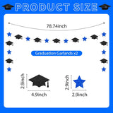 Blue Black Glitter Graduation Decorations, Class of 2026 Banner, Caps Garland (Pre-Strung)