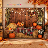 10x7FT Fall Photography Backdrop, Rustic Wooden Pumpkin Haystack (Vinyl)