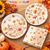 Boho Floral Butterfly Paper Plates & Napkins, Autumn Baby Shower Tableware Set (10)