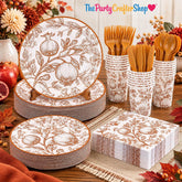 400pc Pomegranate Floral Tableware Set, Orange Autumn Plates, Cups, Napkins, Cutlery (Serves 50)