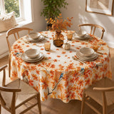 60 Inch Round Fall Tablecloth, Autumn Maple Leaf Bird Design, Polyester Fabric