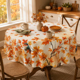 60 Inch Round Fall Tablecloth, Autumn Maple Leaf Bird Design, Polyester Fabric