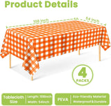 4pc Orange Gingham Tablecloth Set, Fall Plaid PEVA Covers (54x108 Inch)