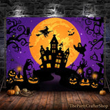 Purple Haunted Castle Halloween Backdrop, Moon Night Party Banner (7x5ft)