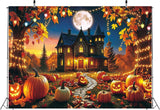Spooky Halloween Backdrop, Haunted House, Full Moon, Pumpkins (7x5ft)