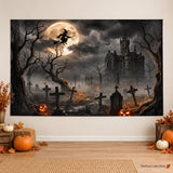 Spooky Witch Castle Halloween Backdrop, Gothic Moon, Graveyard Party Banner (71x43inch)
