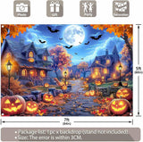Halloween Full Moon Night Backdrop, Pumpkin Lantern Street Scene (7x5ft Polyester)