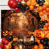 7x5ft Halloween Forest Backdrop, Spooky Street Scene, Jack O Lanterns, Bats, Tombstones (Polyester Fabric)