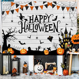 7x5FT Halloween Backdrop, White Wood Spider Web Pumpkin Banner, Bats Witch Haunted House Photo Booth Kids Party Wall Decor