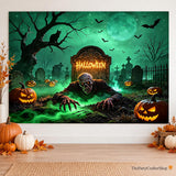 10x8FT Halloween Cemetery Backdrop, Spooky Graveyard Full Moon Tombstone Bats Cat Pumpkin Vinyl Photo Background (Party Decor)