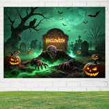 10x8FT Halloween Cemetery Backdrop, Spooky Graveyard Full Moon Tombstone Bats Cat Pumpkin Vinyl Photo Background (Party Decor)