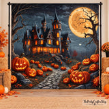 Haunted Castle Halloween Backdrop, Jack O Lanterns, Full Moon Night Scene (10x8ft Vinyl)