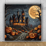 Haunted Castle Halloween Backdrop, Jack O Lanterns, Full Moon Night Scene (10x8ft Vinyl)