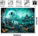 8x6ft Halloween Backdrop, Spooky Castle Pumpkin Witch Bat Polyester Photo Background (96x72 inches)