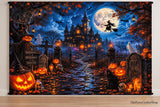 10x8ft Halloween Backdrop, Gothic Castle, Witch, Pumpkins, Ghosts (Vinyl)