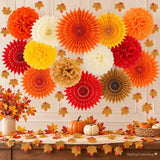 Orange Red Fall Party Decorations, Paper Pom Poms, Fans, Leaves (Thanksgiving Halloween)