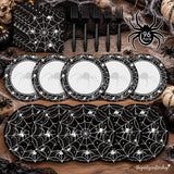 Spooky Halloween Table Setting: 96-Piece Disposable Partyware, Black Spider Web Design, Thick Paper