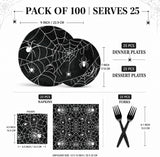 100 Piece Disposable Spider Web Partyware Set, Black Paper Plates Napkins Forks