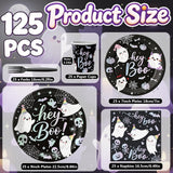 Disposable Hey Boo Table Setting: Black Paper Plates, Printed Napkins, Plastic Forks, Cups
