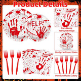Halloween Party Supplies: Bloody Handprint Dinner Plates, Red Plastic Forks, 100-Piece Disposable Tableware Set