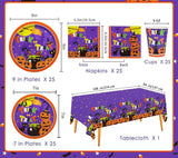 Halloween Party Supplies Set: 25 Plates, Cups, Napkins, Tablecloth (Purple Orange)