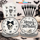 96-Piece Gothic Birthday Party Set: 9-Inch Plates, Skull Bow Napkins, Black Forks