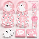 Pink Halloween Partyware Set: Ghost Plates, Cups, Napkins, Straws, Forks