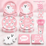 Pink Halloween Partyware Set: Ghost Plates, Cups, Napkins, Straws, Forks