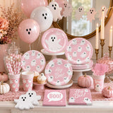 Pink Halloween Partyware Set: Ghost Plates, Cups, Napkins, Straws, Forks