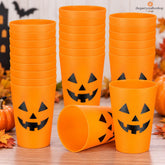 Set of 24 Orange Plastic Cups, Pumpkin Face Design for Halloween Parties
