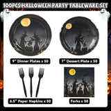 Spooky Halloween Dinner Set: 50 Guests, Full Moon Night Sky, Witches, Plastic Forks