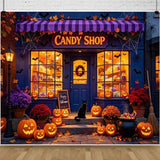 10x8ft Halloween Candy Shop Backdrop, Pumpkin Lamps, Black Cat Vinyl Photo Background