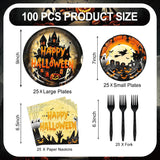 100 Piece Halloween Partyware Set, 9-Inch Dinner Plates, 7-Inch Dessert Plates, Napkins, Plastic Forks