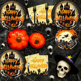100 Piece Halloween Partyware Set, 9-Inch Dinner Plates, 7-Inch Dessert Plates, Napkins, Plastic Forks