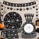 Halloween Party Set: 82 Pieces for 20 Guests, Black Spider Web Design, Disposable Paper