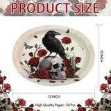 Oval Paper Plates, 50 Pack Gothic Skull Red Rose Black Crow Halloween Table Setting