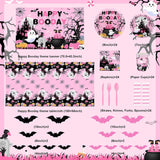 Pink Black Halloween Party Set: 24-Guest Tableware, Backdrop, 80 Balloons