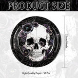 9-Inch Round Paper Plates, Skull Gothic Floral Halloween Party Set of 50