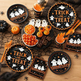 169-Piece Halloween Partyware Set, Black Orange Disposable Plates Cups Napkins Cutlery Tablecloth