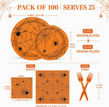 Spooky Halloween Party Supplies: 100-Piece Set with Plates, Napkins, Forks (25 Guests)