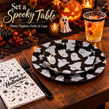 Halloween Partyware Set: 30 Large Dinner Plates, 7-Inch Dessert Plates, 10-Ounce Cups, Napkins, Forks