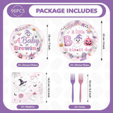 96-Piece Halloween Baby Shower Partyware Set, 9-Inch Plates, 7-Inch Dessert Plates, Napkins, Forks
